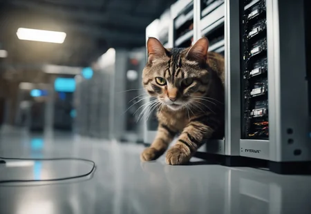 a cat knocking over equipment in a server room, an android robot looks on in shock, servers crashing to the floor, photography, atmospheric lighting, volumetric lighting, diffused soft lighting, bokeh, raytracing, unreal engine 5, epic, masterpiece, RAW, 8k, high definition, high detail, intricate, sharp focus, muted colors, award winning