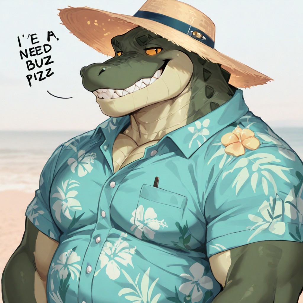 masterpiece cute cartoon, sfw, alligator, smiling, lean, chubby, toothy grin, wearing tropical button up shirt,  synglasses, beach hat, chubby, saying "I need buzz!" english, phrase, sentence, dialogue