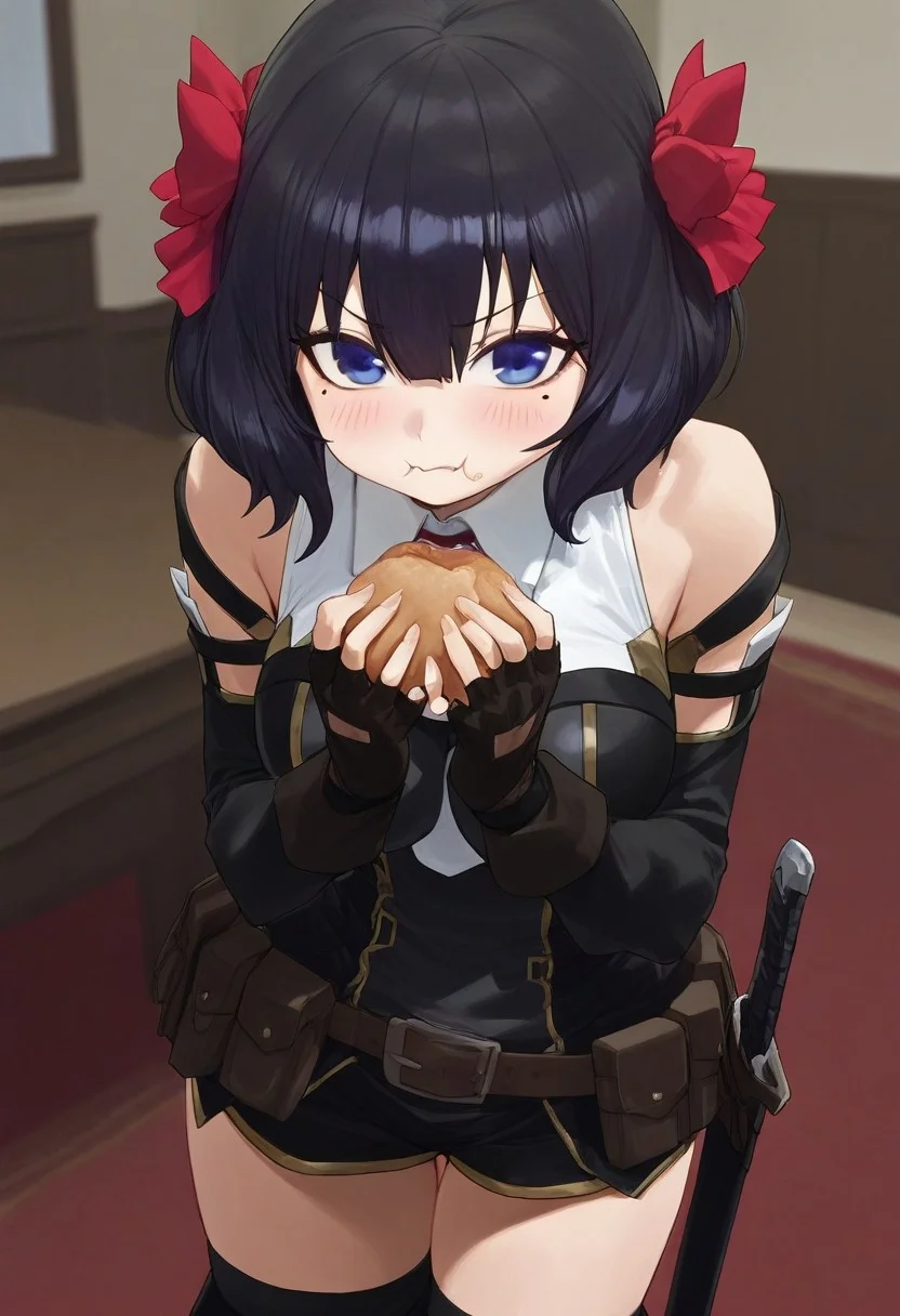 modare, 1girl, blue eyes, short hair, black hair, hair ribbon, blush, breasts, short dress, white shirt, lace trim, sleeveless, detached sleeves, fingerless gloves, shorts, thigh boots, belt, pouch, scabbard, closed mouth, cowboy shot, eating, food, food on face, hair between eyes, indoors, large breasts, looking at viewer, mole, mole under eye, solo, standing, desk, carpet