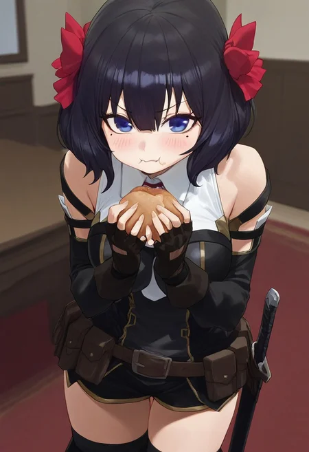 modare, 1girl, blue eyes, short hair, black hair, hair ribbon, blush, breasts, short dress, white shirt, lace trim, sleeveless, detached sleeves, fingerless gloves, shorts, thigh boots, belt, pouch, scabbard, closed mouth, cowboy shot, eating, food, food on face, hair between eyes, indoors, large breasts, looking at viewer, mole, mole under eye, solo, standing, desk, carpet