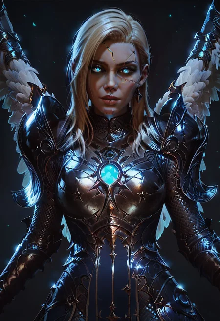score_9, score_8_up, score_8, 1girl, smooth, dameaylin, cracked gold skin, pale white skin, blonde hair, highly detailed, perfect, high quality, high definition, looking at viewer, sullen, concept art, realistic, dark theme, low light, black angel wings, dark forest, glowneon, glowing, blue glow, wearing armor, blue glow shining down from above