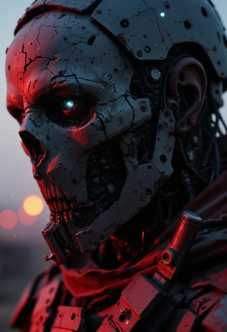 A close-up of a desolate robotic soldier, his war-torn face frozen in a moment of silence. His metal mask is cracked and corroded, its once-pristine surface now worn down by time and battle. One eye glows faintly, flickering with the last remnants of power, while the other is shattered, leaking thin arcs of electricity into the cold air. A deep scar runs across his synthetic cheek, remnants of past conflicts etched into his very being.
His breathless form is framed by the tattered remnants of his cloak, its edges frayed and interwoven with shattered circuits, barely clinging to his massive frame. The ambient glow of distant fires and glitching city lights cast deep shadows across his features, contrasting sharply with bleached red highlights that illuminate the battle-worn edges of his armor. Digital distortion lingers in the air, fractured echoes of long-lost comrades whispering through the static.
The camera lingers close—tight framing accentuates the details of his ruined form, the depth of his silent sorrow. Every tiny dent, every broken wire, every flickering light tells the story of a warrior who has outlived his war, kneeling in a moment of quiet, haunting reflection.