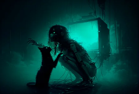 masterpiece, best quality, good quality, newest, highres, cinematic, volume light, no humans, horror, xxx667_illu, glowing, glitch, auralora, realistic, 3d, limited palette, green and black, woman robot, (girl face:1.2), (broken body:1.1), squating, reaches out to cat, looking up, squating, long thin hair, hand up, neon, cat, server room background, cable, fog, blured background, <lora:Digital_Dystopia_IL:0.8>, <lora:XXX477:0.8>, <lora:illustriousXLv01_stabilizer_v1.121:0.8>,