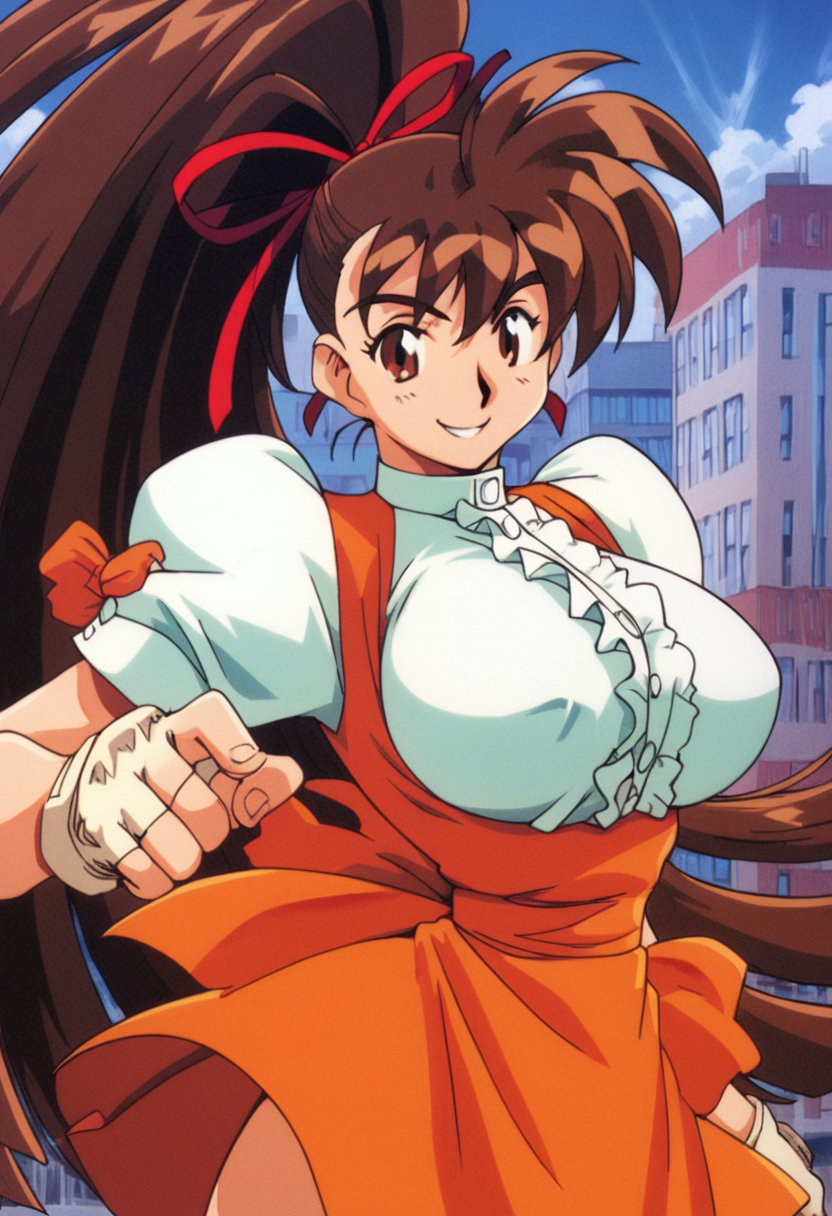 score_9, score_8_up, score_7_up, score_6_up, score_5_up, masterpiece, best quality, BREAK, 
1girl, outdoor, city, dynamic pose, smile, <lora:Takeuchi_Yuka_Variable_Geo_Pony:1> t yuka, brown hair, long hair, high ponytail, big breasts, fingerless gloves, waitress, orange skirt, hair ribbon