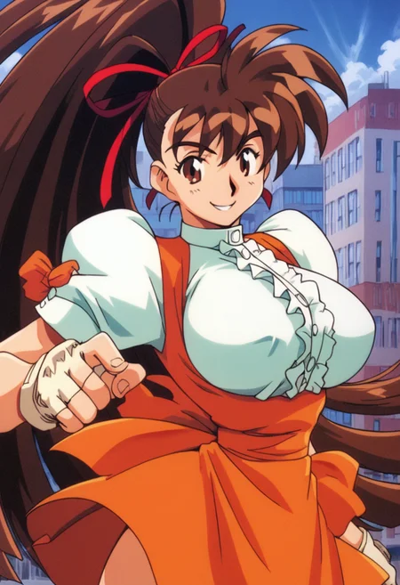 score_9, score_8_up, score_7_up, score_6_up, score_5_up, masterpiece, best quality, BREAK, 
1girl, outdoor, city, dynamic pose, smile, <lora:Takeuchi_Yuka_Variable_Geo_Pony:1> t yuka, brown hair, long hair, high ponytail, big breasts, fingerless gloves, waitress, orange skirt, hair ribbon
