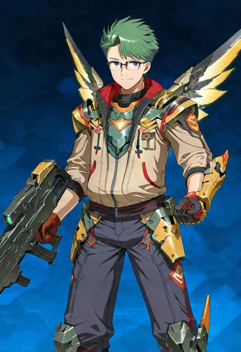gb4_tao, green hair, short hair, grey eyes, 1boy, solo, male focus, glasses, lean body, wear mecha armor with eagle mecha wings, purple mecha armor theme, fly toward the viewer, fight pose, high quality, armaments equipped in the armor, score_9, futuristic city in the background, BREAK, his right hand is holding beam rifle, high quality, best quality, masterpiece, detailed draw,detailed eyes, detailed face