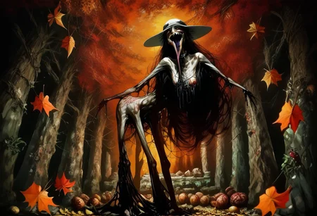 score_9, score_up_8, masterpiece, best quality, explicit, 
hasshaku-sama, mature woman, large woman, tall woman, sagging breast, enormous breast, long hair, black hair, horror (theme), collar bone, bony body, skinny, anorexic, fall season, trees, red yellow and orange leaves, falling leaves, night, garden, Expressiveh,  
 teeth, tongue, open mouth, horror, blood, stiches, scars, black tongue, very long tongue, black tears, full body