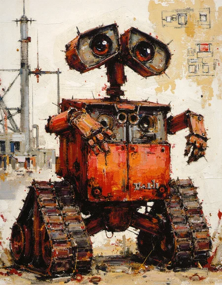 Oil Paintings by Nicolai Fechin, Fechin, wall-e,
A highly detailed, expressive robot with large, soulful eyes that convey a deep sense of curiosity and melancholy, its worn-down red metal body covered in scratches, rust, and patches of grime, giving it a weathered, post-apocalyptic charm. The intricate mechanical parts, including gears, pistons, and hydraulic joints, are masterfully rendered with fine ink lines, blending seamlessly with the splattered watercolor background that creates a raw, hand-painted aesthetic. The robot’s tracks, rugged and heavily used, are embedded with dirt and debris, while subtle streaks of oil drip from its joints, blending into the chaotic splashes of paint that surround its form. The background is a fusion of dystopian and abstract elements, with faint blueprints of machinery, industrial textures, and faded remnants of a once-thriving civilization sketched in a loose, gestural manner, adding depth to the composition. The color palette is dominated by earthy tones, with rich browns, deep reds, and metallic grays blending harmoniously with expressive paint drips and ink splatters, evoking a sense of nostalgia and loneliness. The robot's posture is slightly tilted, its head raised as if yearning for something beyond its mechanical existence, encapsulating the essence of a forgotten machine navigating a world that has long moved on without it.
<lora:fechin-FLUX:0.75>