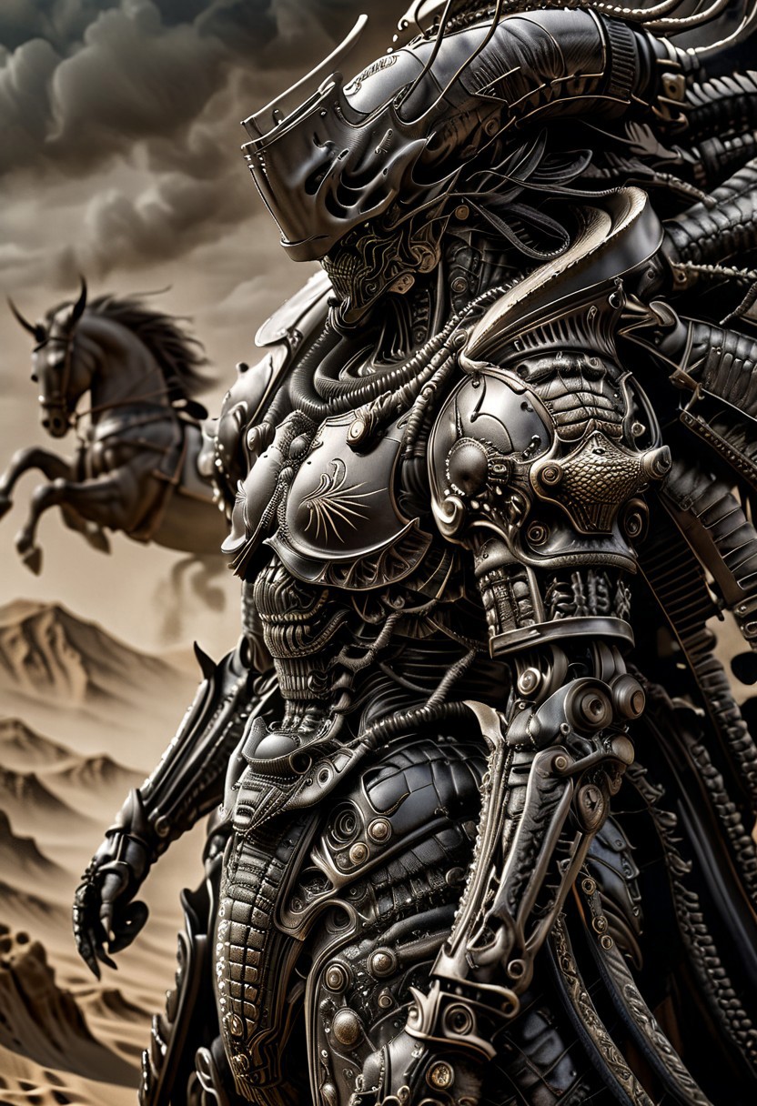 stunning, magnificent, HD, photorealistic, samurai, dramatic lighting, solo, standing alone in a desert, intricate details, intricate armor, intense gaze, mythical, legendary, powerful, ((dark, evening)), cinematic, close-up, art by hr giger,
 armor, science fiction, no humans,
 vintage painting,painting,realism,Americana art,artistic style