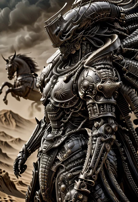 stunning, magnificent, HD, photorealistic, samurai, dramatic lighting, solo, standing alone in a desert, intricate details, intricate armor, intense gaze, mythical, legendary, powerful, ((dark, evening)), cinematic, close-up, art by hr giger,
armor, science fiction, no humans,
vintage painting,painting,realism,Americana art,artistic style