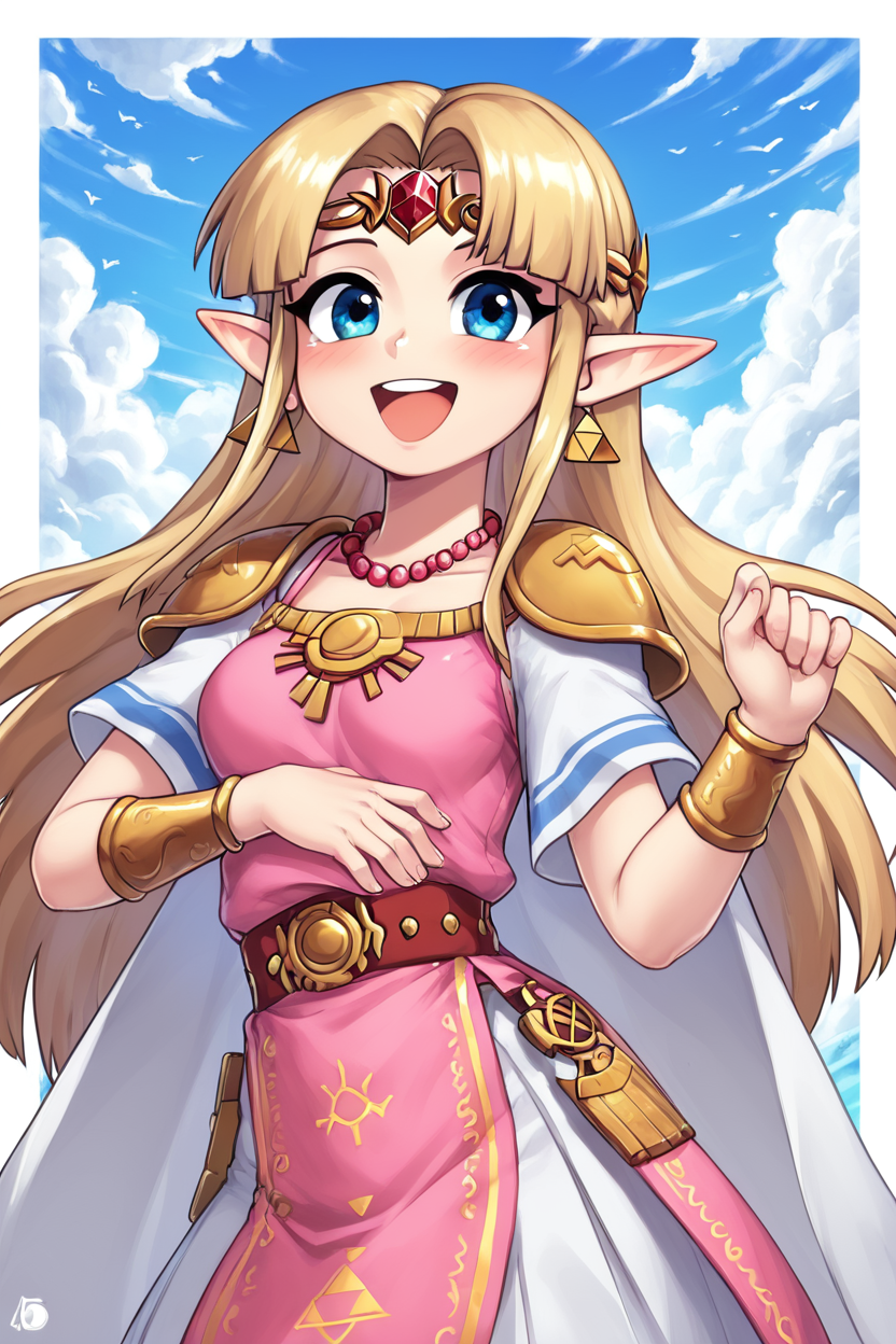 score_9, score_8_up, score_8, medium breasts, (curvy), cute, eyelashes,       BREAK, , BREAK, <lora:UltimatePrincessZelda_PDXL_v1:0.8>, zzUZelda, blonde hair, jewelry, dress, pink tabard, triforce, circlet, armor, earrings, necklace, shoulder armor, tiara,, ,,, <lora:HaseYu_PDXL:0.8>  ,,,, BREAK,  smile, looking at viewer, cowboy shot,  embedding:zPDXL, Expressiveh, <lora:SDXLFaeTastic2400:0.5>,  <lora:Expressive_H-000001:0.4>,
