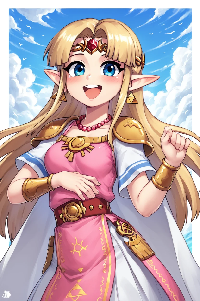 score_9, score_8_up, score_8, medium breasts, (curvy), cute, eyelashes, BREAK, , BREAK, <lora:UltimatePrincessZelda_PDXL_v1:0.8>, zzUZelda, blonde hair, jewelry, dress, pink tabard, triforce, circlet, armor, earrings, necklace, shoulder armor, tiara,, ,,, <lora:HaseYu_PDXL:0.8> ,,,, BREAK, smile, looking at viewer, cowboy shot, embedding:zPDXL, Expressiveh, <lora:SDXLFaeTastic2400:0.5>, <lora:Expressive_H-000001:0.4>,