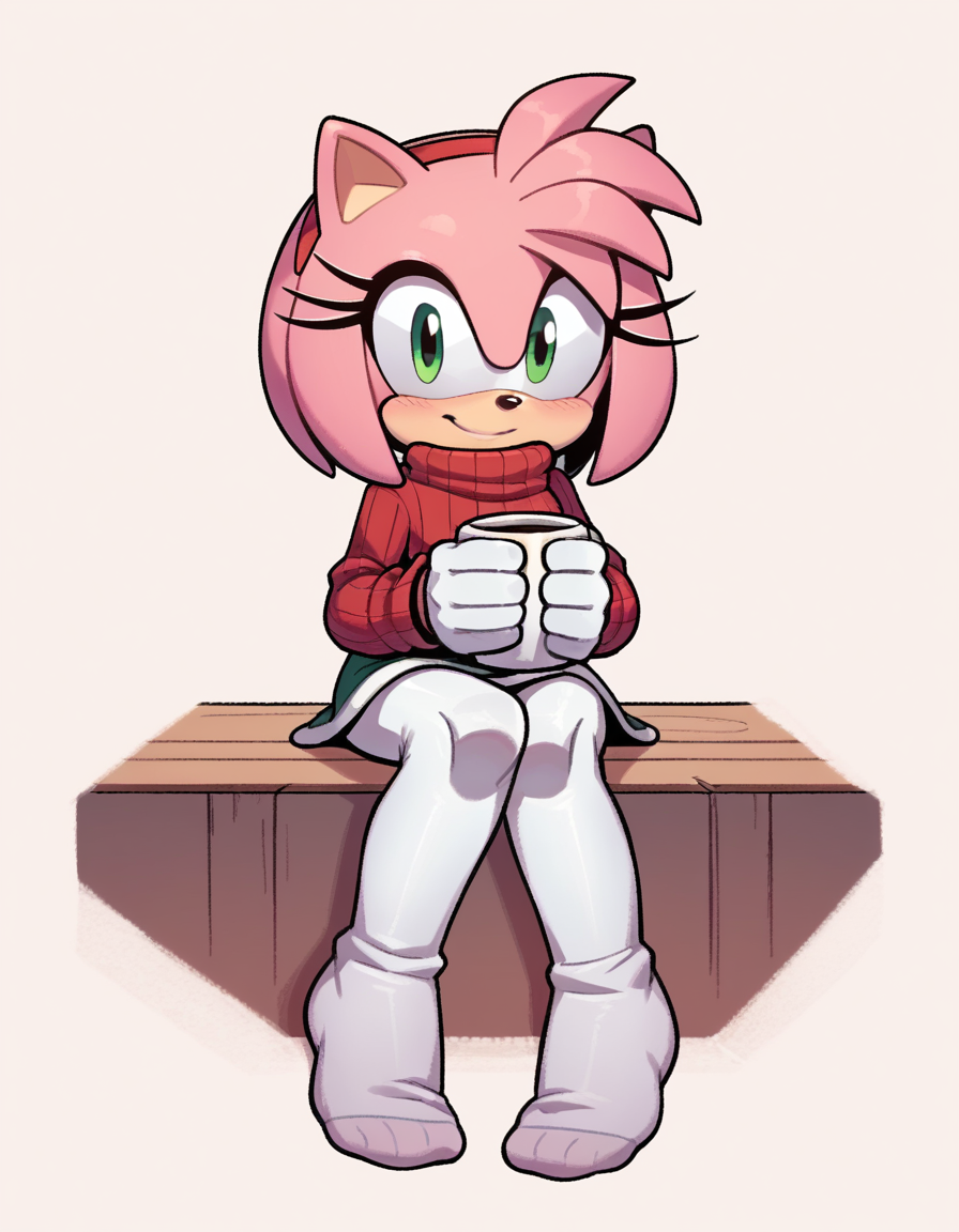 score_9, score_8_up, score_7_up, score_6_up, score_5_up, score_4_up, 1girl, full body, solo,
<lora:EvanStan-18:0.9> evnstnly, furry, amy rose, red sweater, turtleneck sweater, white leggings, no shoes, white gloves, sitting, blush, light smile, pink fur, green eyes, looking at viewer, small breasts, holding mug, child, pantyhose,