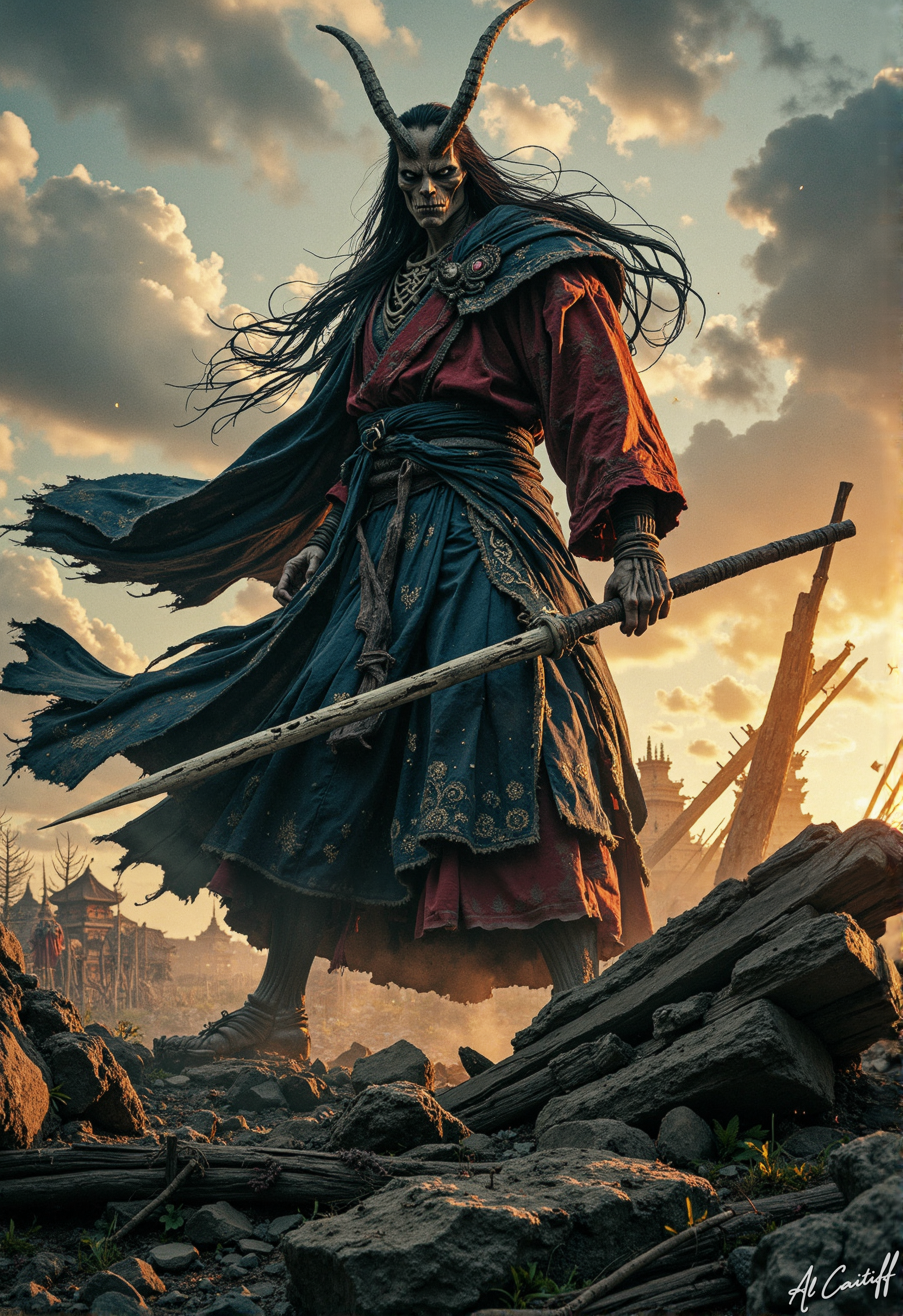 High-angle Dutch tilt shot, 14mm fisheye lens with pronounced barrel distortion, intense motion blur on the subject's flowing robes, deep f/1.4 depth of field. A towering, imposing figure with a gaunt, skeletal face and piercing emerald eyes stands atop a crumbling temple's remains, wearing a tattered, crimson-dyed hakama and a billowing, dark indigo kimono with intricate, silver-thread embroidery. The figure's long, black hair flows behind them like a dark river, as they hold a razor-sharp, curved naginata at a 45-degree angle, its wooden shaft splintered and worn. The air around them is alive with the whispers of ancient, forgotten knowledge. Warm, golden light spills from a setting sun, casting long shadows across the ruined landscape. A faint, ethereal glow emanates from the figure's kimono, as if the very fabric of reality is beginning to unravel around them., l1n0c2t<lora:Flux/Linocut - s1 g4.safetensors:0.25000000000000006:0.25000000000000006> <lora:CustomFlux/MysticRealism.safetensors:1.0000000000000002:1.0000000000000002>