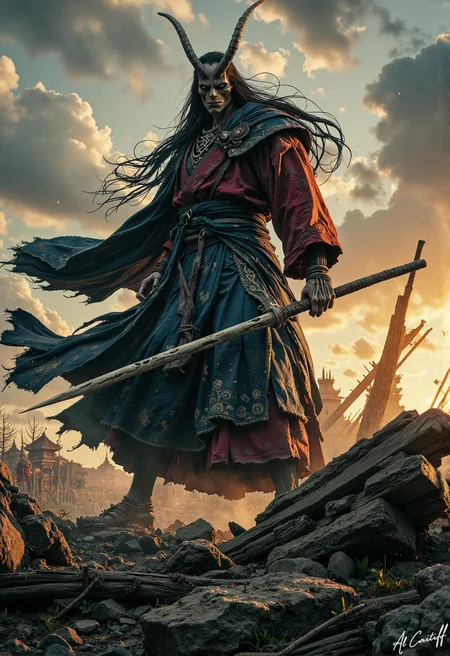 High-angle Dutch tilt shot, 14mm fisheye lens with pronounced barrel distortion, intense motion blur on the subject's flowing robes, deep f/1.4 depth of field. A towering, imposing figure with a gaunt, skeletal face and piercing emerald eyes stands atop a crumbling temple's remains, wearing a tattered, crimson-dyed hakama and a billowing, dark indigo kimono with intricate, silver-thread embroidery. The figure's long, black hair flows behind them like a dark river, as they hold a razor-sharp, curved naginata at a 45-degree angle, its wooden shaft splintered and worn. The air around them is alive with the whispers of ancient, forgotten knowledge. Warm, golden light spills from a setting sun, casting long shadows across the ruined landscape. A faint, ethereal glow emanates from the figure's kimono, as if the very fabric of reality is beginning to unravel around them., l1n0c2t<lora:Flux/Linocut - s1 g4.safetensors:0.25000000000000006:0.25000000000000006> <lora:CustomFlux/MysticRealism.safetensors:1.0000000000000002:1.0000000000000002>