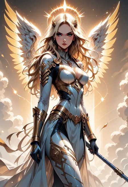 score_9, score_8_up, score_7_up, (Western Comics), a full body image of a sexy mechangel girl, caucasian, seductive, (glowing wings), solo, glowing armor, glowing halo, glowing mechanical 4 wings (hyperdetailed:1.15), detailed, light passing through hair, (ultra detailed, high quality texture), (sharp), (artistic image), 32K, 4K, ULTRA HD, small waist, large breasts, tight white bodysuit with, crop: -5, (3/4 portrait), wide view, ((her whole head and hair is visible)), zoomed out, ((wings completely visible)), (from thighs and up), wings folded along her body, cowboy shot, angelify, (monochrome background), (nothing in background), plain background, Long flowing blonde hair, wings fully visible, hkmagic, ((holding a long magical wizard staff by her side with both hands)), staff, attack pose