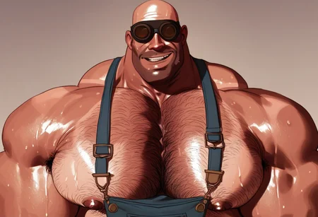 score_9, score_8_up, score_7_up, score_6_up, solo, 1boy, muscular male, masculine male, pectoral focus, tf2, engineer, bald, goggles on, (big pecs), overalls, nipples, smiling, upper body, tanlines, sweaty, hairy, dripping sweat, up close