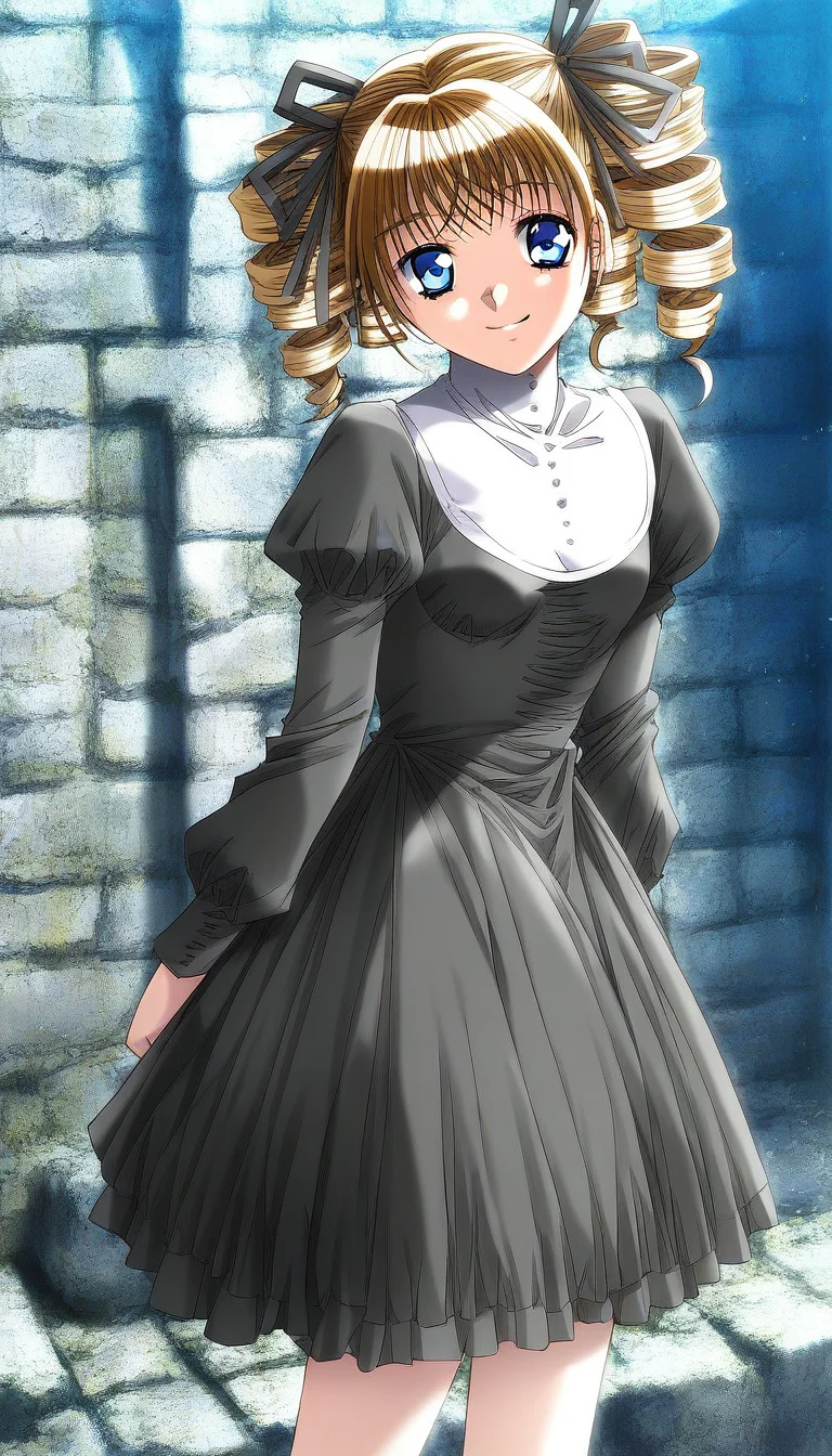 score_9, score_8_up, score_7_up, source_anime, rating_explicit, BREAK <lora:Yukiyanagi_Yuzu_XL:1> Yukiyanagi_Yuzu, drill hair, blue eyes, brown hair, blonde hair, hair ribbon, black ribbon, twin drills, small breasts,
1girl, solo, black dress, long sleeves, juliet sleeves, looking at viewer, light smile.
puffy sleeves,
stone wall, outdoor,
