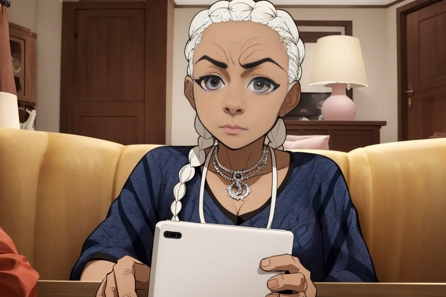 a Poles 58 years old woman Platinum blonde Infinity Braid, sitting in a couch in the living room, well draw eyes and eye pupil , EdobBoondocksArtStyle  <lora:EdobBoondocksArtStyle_v1.0:0.8>