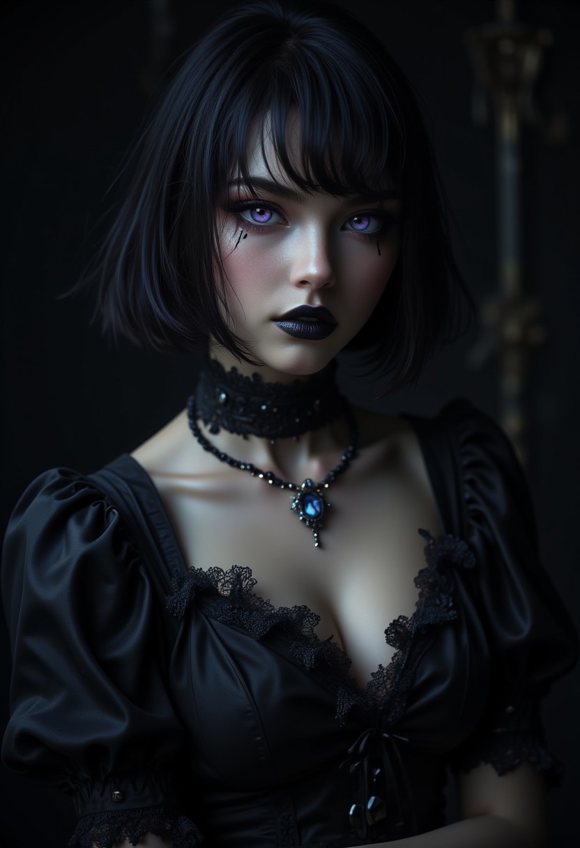 8k, masterpiece, best quality, highly detailed, hyper-realistic, A hyper-realistic portrait of a stunning supermodel, featuring a beautifully detailed face with captivating eyes and a serene expression, goth dress, frilled dress, large breasts, short hair, bob cut, parted from the middle, black hair, hair between eyes, dead eyes, soulless eyes, purple eyes, goth makeup, black lipstick, masterpiece, best quality, amazing quality, very aesthetic, high resolution, ultra-detailed, dark background, dynamic lighting, photorealistic detail, detailed face, detailed eyes, detailed hair, depth of field, scenery, volumetric lighting
