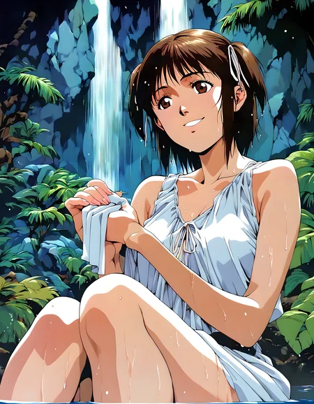 <lora:pony_xl_kayo>,kayo,score_9,score_8_up,score_7_up,source_anime,1girl,a crystal clear light dress,soaking_feet,smile,hair_flaps,wet skin,