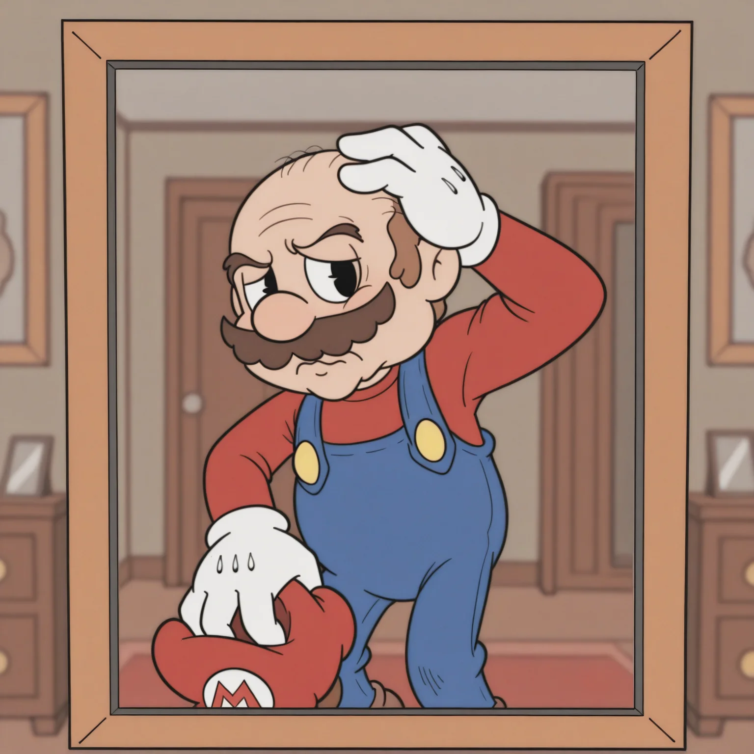 masterpiece, best quality, amazing quality, very aesthetic, absurdres, newest, RetroXL, toon \(style\), flat color, black eyes, solo, male, mario, red shirt, blue overalls, brown hair, brown mustache, holding hat, hand on head, (mirror view), ((balding)), sad, looking at viewer, dressing_room, (blurry background), <lora:RetroToonXL_Style:1>