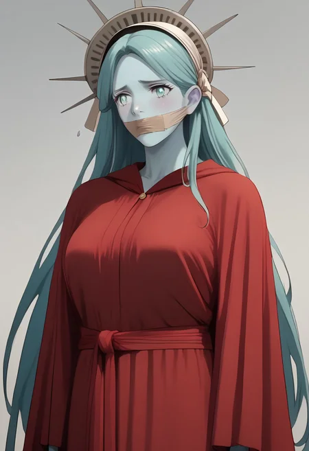score_9, score_8_up, score_7_up, source_anime, (1girl), (solo:1.5), (Sexy, busty), (very long hair)+++,  ((personification1.2) of the Statue Of Liberty), (tape gag, duct tape), sad, (H4NDM41D:1.3), aqua eyes, aqua skin, colored skin, metallic skin, aqua hair, (red dress, hood, red_robe, hooded_robe), blue skin, thighs, large breasts, colored skin, thick thighs,