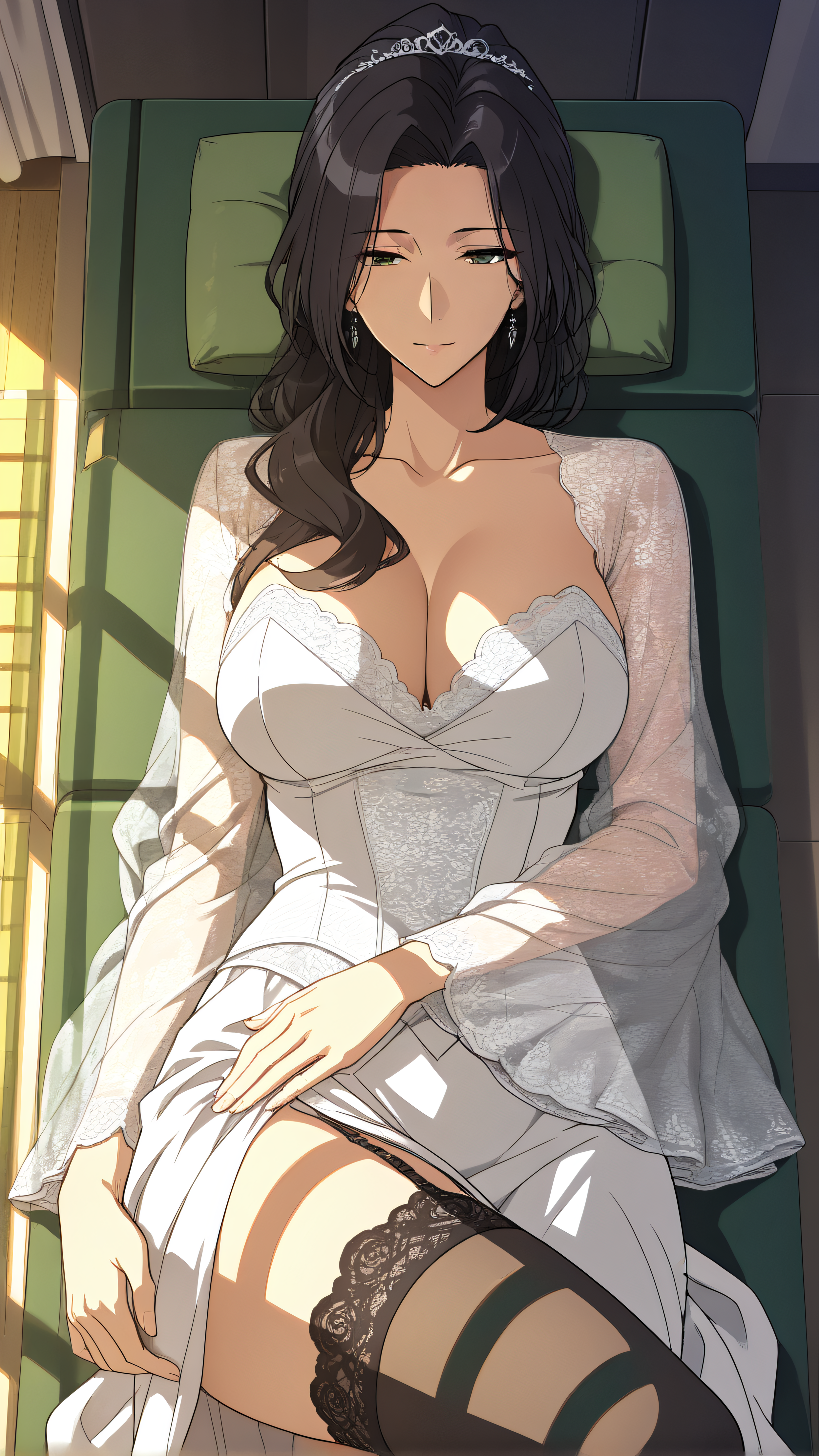masterpiece, best quality, amazing quality,hatching_\(texture\)),flat color,sketch,detailed lighting,dappled sunlight
1girl,(mature female:1.4), black hair  green eyes, long hair,  hair over shoulder, bangs,ponytail, scrunchie,angelic smile,cowboy shot, 




wedding dress, lace, lace thigh-highs, white thigh-highs, bridal veil,


(motion),, sleeping, on back, massage table, massage room, massage), grab ass, grab breasts, grab leg