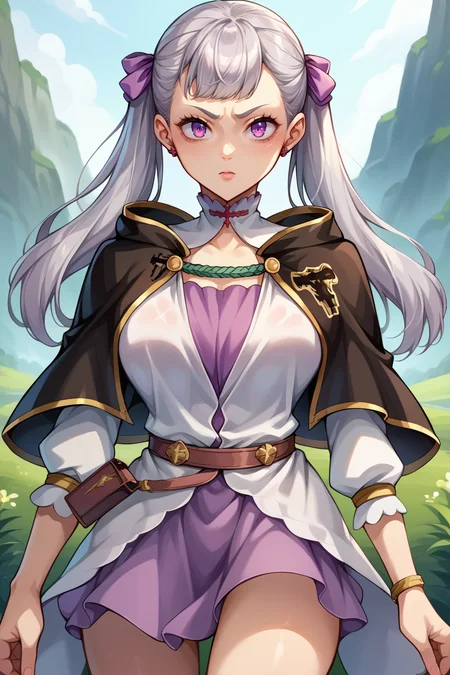 score_9, score_8_up, score_7_up, score_6_up, source_anime BREAK 1girl, <lora:noellesilva-pdxl-nvwls-v1-000005:1> noelle silva, grey hair, purple eyes, twintails, hair ribbon, black capelet, green strap, white and purple dress, long sleeves, belt, looking at you, big breasts