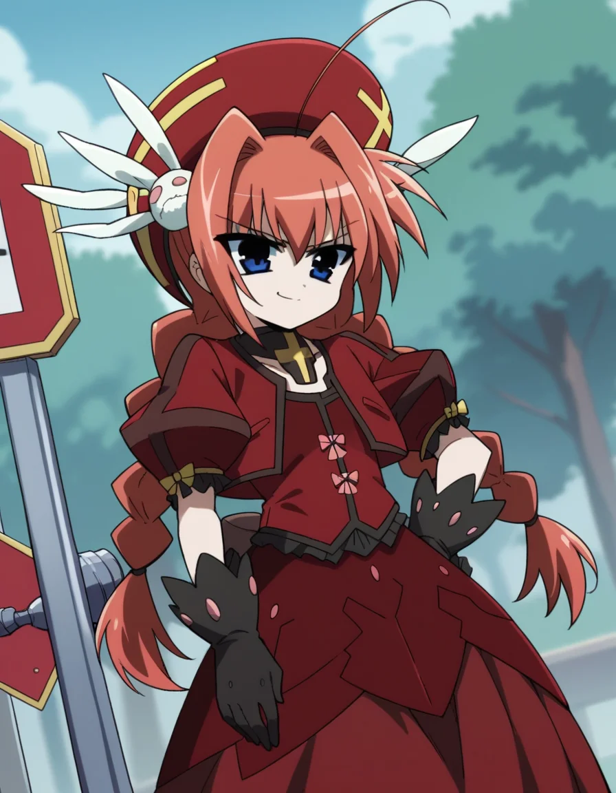 score_9, score_8_up, score_7_up, source_anime, <lora:vita-movie2-ponyxl-lora-nochekaiser:1>, vita, blue eyes, braid, ahoge, red hair, twin braids, rabbit hair ornament,, gloves, hat, dress, weapon, open clothes, open jacket, magical girl, red dress, cropped jacket, hammer,, bus stop, waiting, commuter, smartphone, checking time, cold morning, , , smug, hand on hips,, solo,, dutch angle,