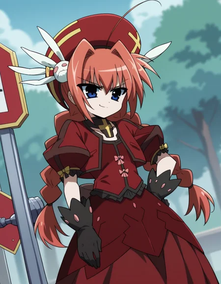 score_9, score_8_up, score_7_up, source_anime, <lora:vita-movie2-ponyxl-lora-nochekaiser:1>, vita, blue eyes, braid, ahoge, red hair, twin braids, rabbit hair ornament,, gloves, hat, dress, weapon, open clothes, open jacket, magical girl, red dress, cropped jacket, hammer,, bus stop, waiting, commuter, smartphone, checking time, cold morning, , , smug, hand on hips,, solo,, dutch angle,