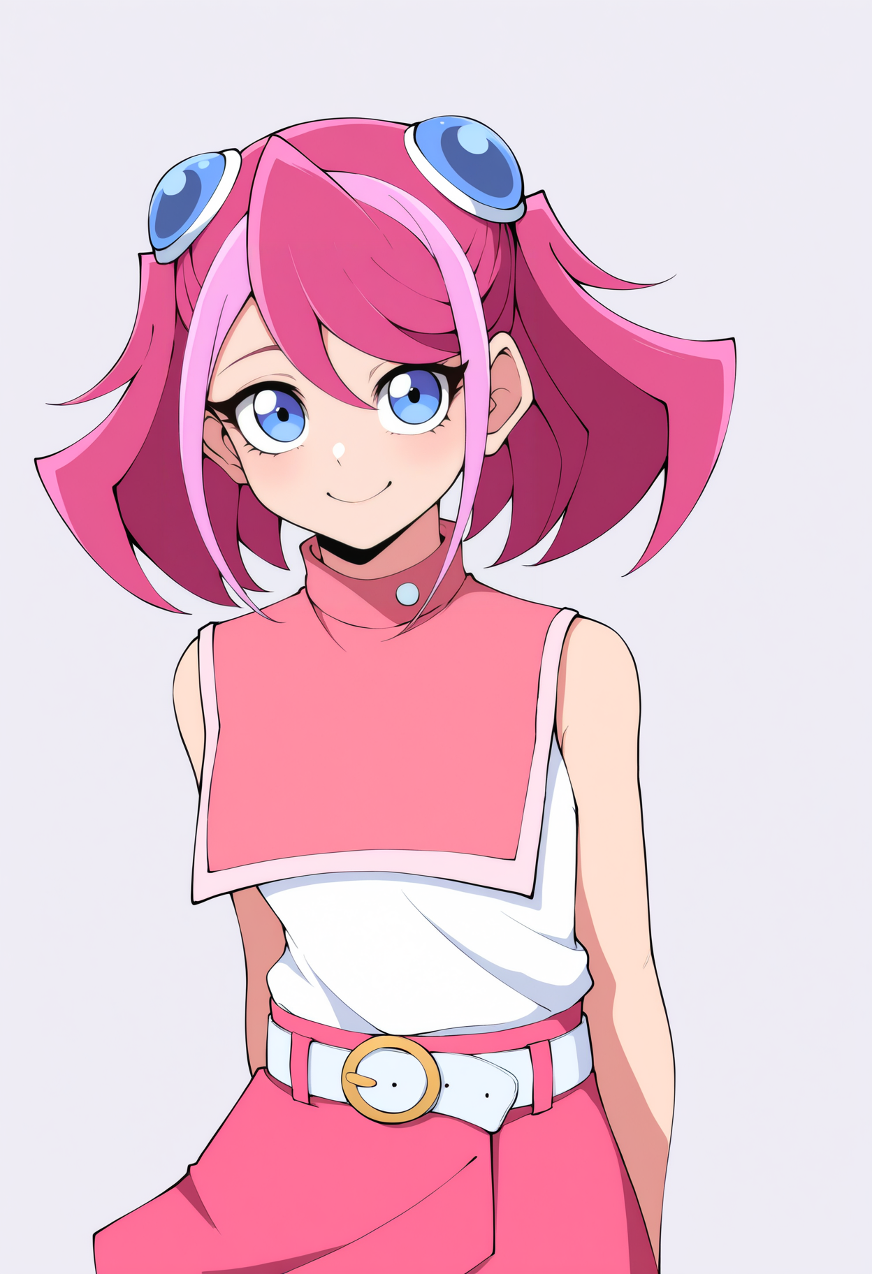 best quality, amazing quality, very aesthetic, absurdres, thick lineart,
1girl, zuzu boyle, pink hair, blue eyes, short twintails, two-tone hair,
casual, belt, pink skirt, sleeveless,
upper body,
smile, looking at viewer, solo, simple background, white background,   <lora:ZuzuBoyleNoobXL_byKonan:1>