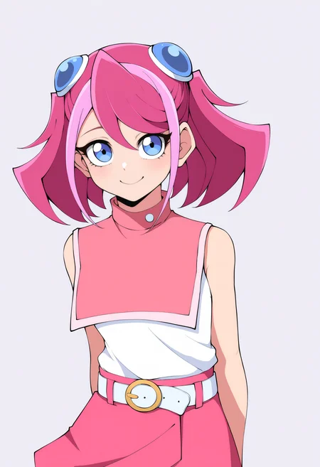 best quality, amazing quality, very aesthetic, absurdres, thick lineart,
1girl, zuzu boyle, pink hair, blue eyes, short twintails, two-tone hair,
casual, belt, pink skirt, sleeveless,
upper body,
smile, looking at viewer, solo, simple background, white background, <lora:ZuzuBoyleNoobXL_byKonan:1>