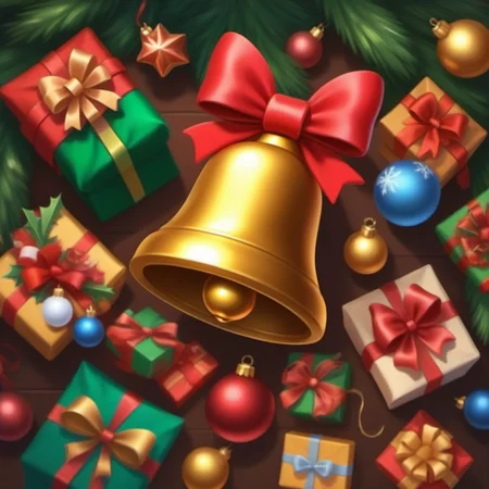 <lora:Christmas bell_XSE_GAME_V1-000020:0.8>,christmas bells,top view angle,this is 1 vice background map,there is a little rabbit holding a christmas bell in the 1 pile of christmas presents,