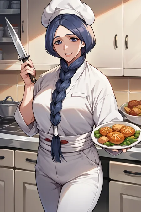score_9, score_8_up, score_7_up, score_6_up, source_anime, BREAK 1girl, solo, mature female <lora:unohanaretsu-pdxl-nvwls-v1-000004:1> unohana retsu, single braid, chef's hat, chef's uniform, white uniform, white pants, holding knife, kitchen, looking at you, happy, food