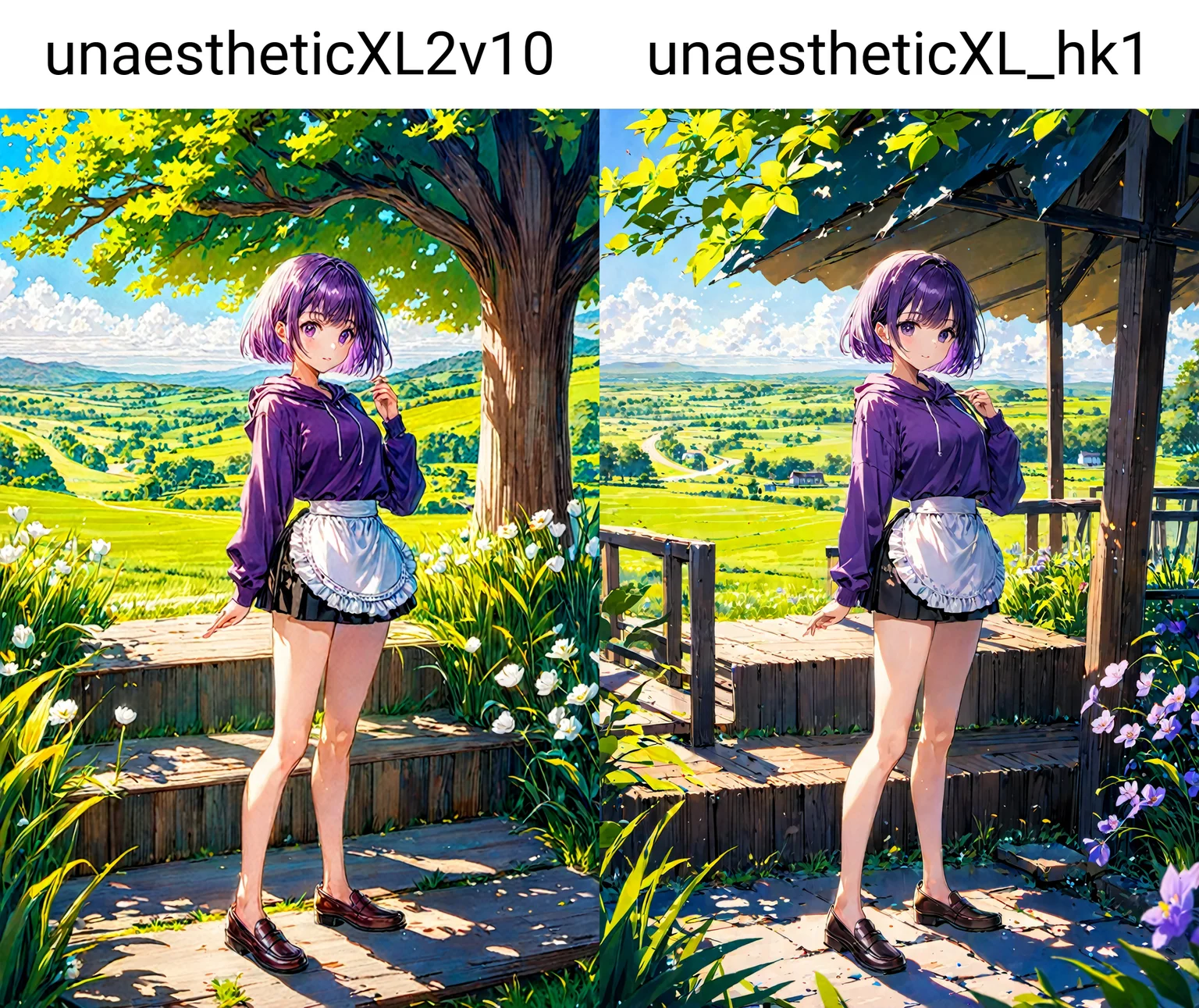 1girl, purple hair, very short hair,  hooded sweatshirt waist apron loafers,  decadent countryside daytime,,  best quality