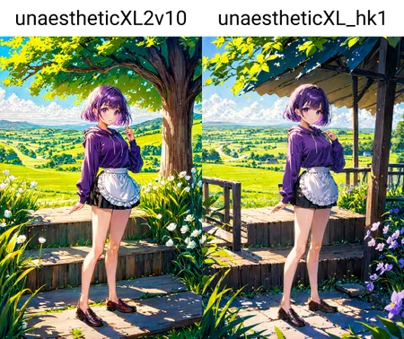 1girl, purple hair, very short hair, hooded sweatshirt waist apron loafers, decadent countryside daytime,, best quality