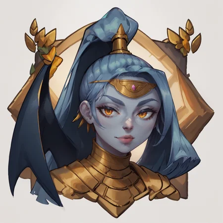score_9, score_8_up, score_7_up, score_6_up, score_5_up, 1girl, chibiIcon, <lora:hadesChibiIconsPony:1>, megaerahades, ponytail, blue skin, ear piercing, one wing, , circlet, <lora:megaeraPony:1.1>, yellow eyes,