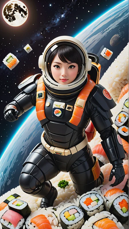 <lora:SushiStyleXL:1>SushiStyle (style-swirlmagic:0.8), solo, half shot, looking up, detailed background, detailed face, (21st century modern theme:1.1), astronaut, wearing high-tech black space 25%armor, utility belt, advanced technology, curious glance, anti-gravity, space exploration, floating particles, cybernetic enhancements, surface of foreign moon in background, cosmic lights, epic atmosphere,, made out of sushi, sashimi, rice, (japanese:0.5), crafted with sushi, (Masterpiece:1.3) (best quality:1.2) (high quality:1.1)