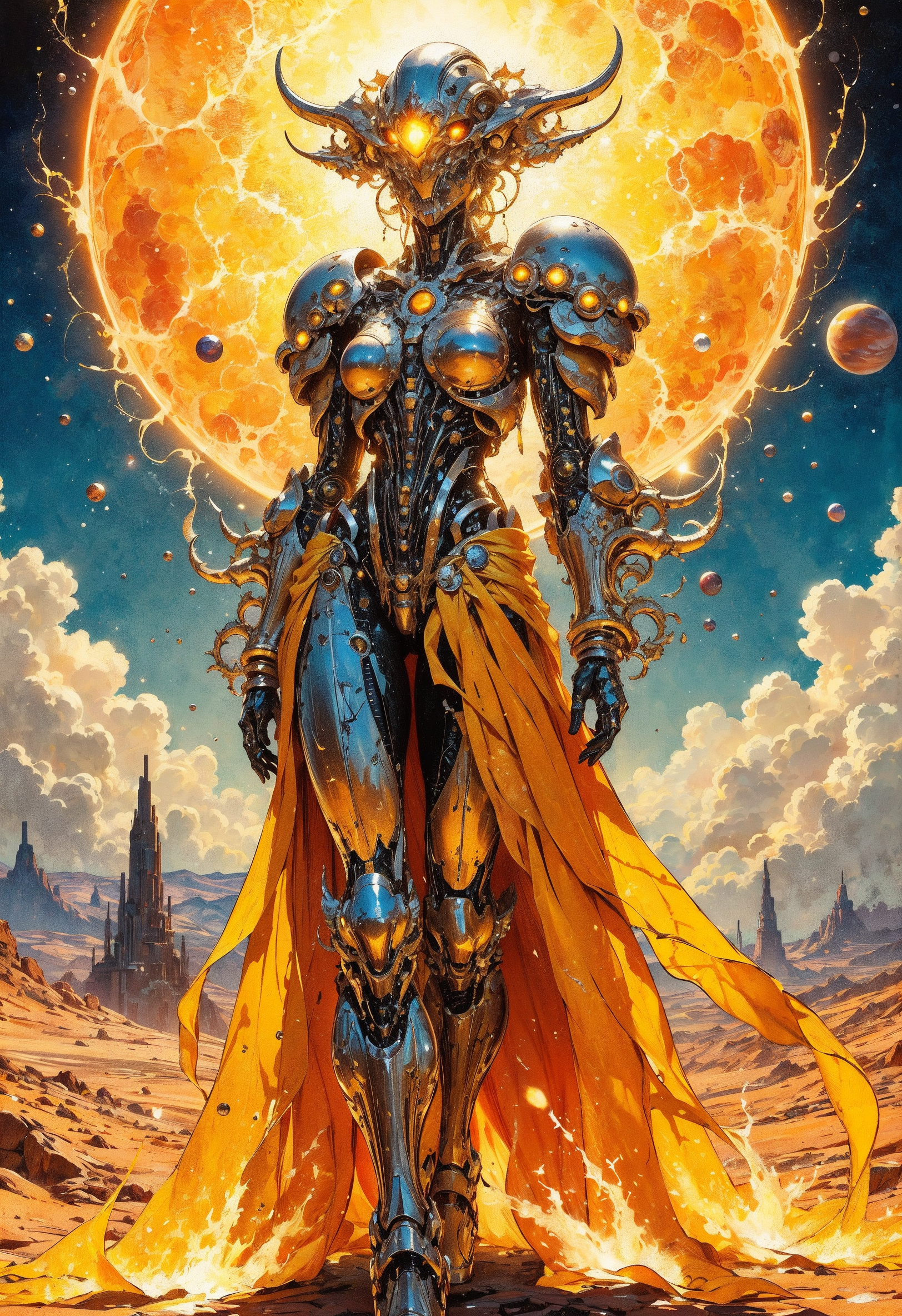 (in Krenz Cushart style:1.2), high-quality, masterpiece, A solar-powered android queen, her body constructed from smooth chrome, with a visible chest panel showing rotating solar cells, Solar flares arc from her metallic skin, her eyes are burning orbs of plasma, She stands on the edge of a sun-soaked desert with solar panels surrounding her like a crown, solar energy, glowing heat, cinematic framing, wide-angle shot, (elaborate fine details:1.1), (elaborately detailed attire with extraordinary elements:1.1), (hyperdetailed:1.1), (intricate details:1.0), (Refined details:1.1), (best quality:1.1), (high resolution:1.2)