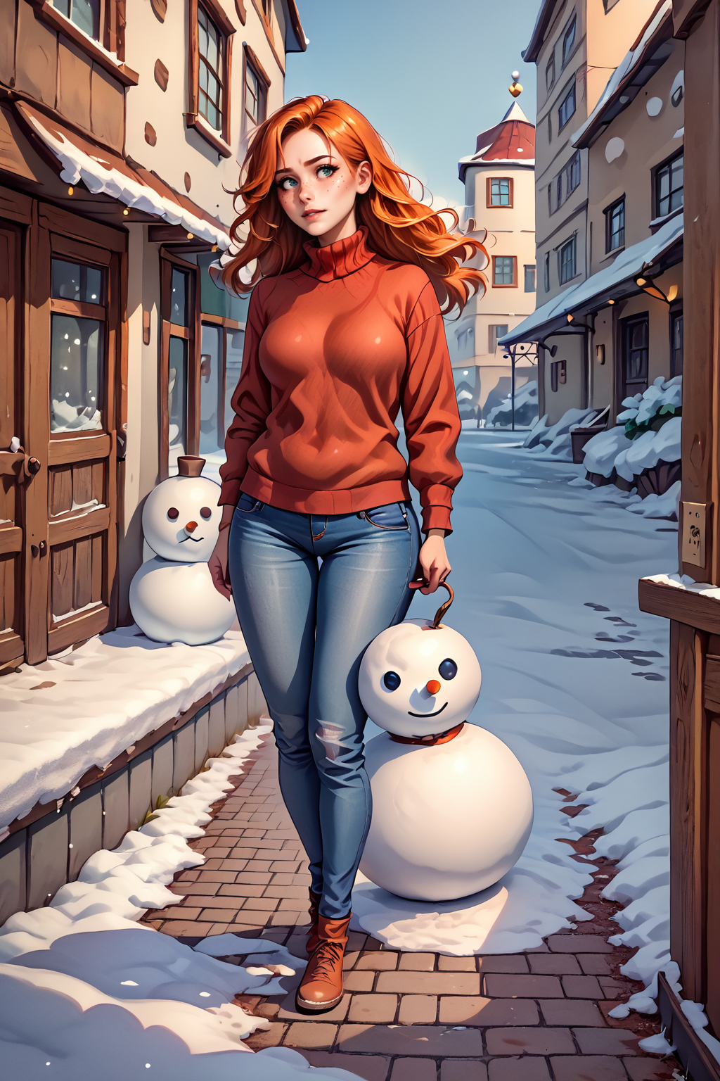 score_9, score_8_up, 1girl, NSGingerPortia, freckles, ginger hair, <lora:NSGingerPortia:1>, jeans, red high collar sweater, winter, snowman