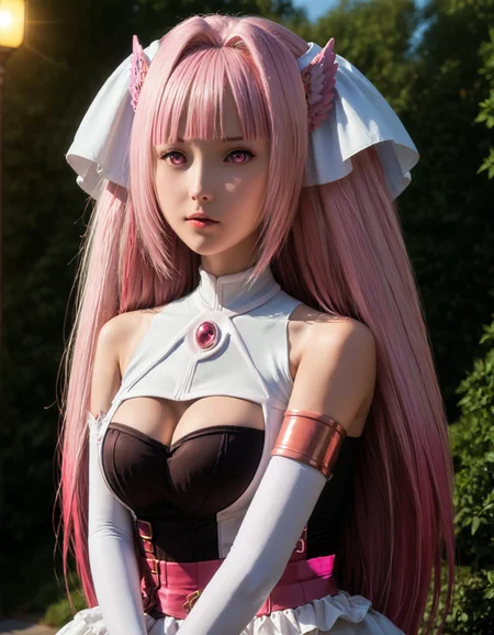 (ultra realistic,32k, masterpiece:1.2),(high detailed skin:1.1),( high quality:1.1), ((perfect face)), detailed hands, detailed eyes, (vivid colors), (intricate details:1.3), vibrant colors, (ultra-detailed:1.3), ((dinamic lighting)), BREAK expressive eyes, perfect body, hair_ornament, large_breasts, elbow_gloves, cleavage_cutout, bare_shoulders, pink_eyes, long_hair, hair_intakes, pink_hair, white, perfection style, , <lora:189e0290-6fcc-49ee-893e-cf8618f72c61:1.0>, <lora:584554b1-5638-4ae3-a13c-f32e986cc10d:1.0>, <lora:743ab114-2dc7-4a68-a995-0d3c9dc174a0:0.2>, <lora:0cb22138-c023-4e25-8aa3-5f1ce627f640:0.5>, <lora:ad0c5883-1b5c-4dce-8ce4-394127d875c5:0.8>