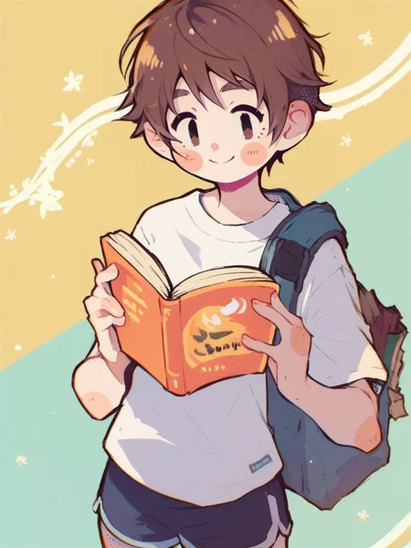 score_9, score_8_up, score_7_up, cute girl, tomboy, shorts, white shirt, short hair, brown eyes, reading a book, looking at viewer, cowboy shot, smile, cute, wide shot, solo, dutch angle, detailed background,
<lora:ANemupan_style:1>, Nemupan,