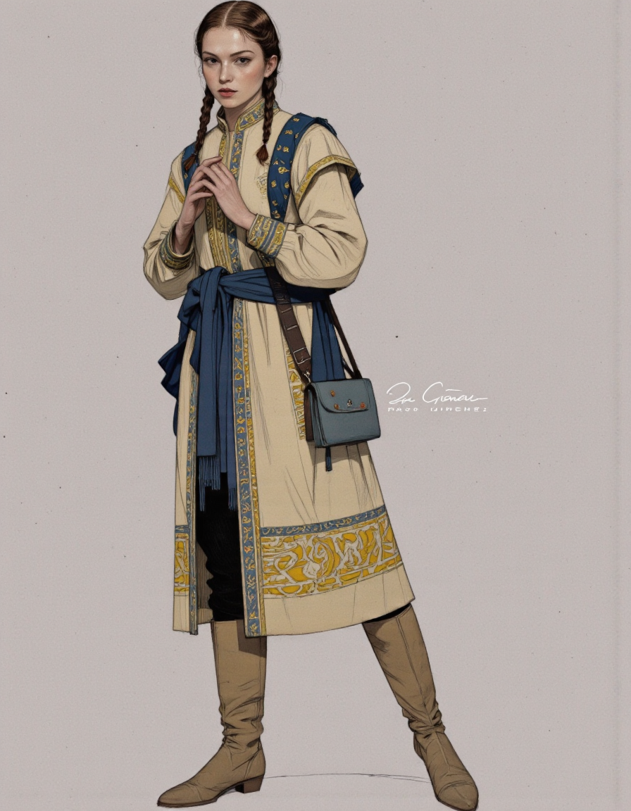 Art by Paco Gimenez. A digital illustration shoot from a full body camera angle about a young woman dressed in traditional clothing, standing confidently in the middle of the image. the woman, who appears to be in her early twenties, has light skin, brown hair styled in two braids, and is facing the viewer with a neutral expression. she is wearing a long, cream-colored coat with a blue and yellow pattern, black pants, and beige boots. the coat has a high collar and long sleeves, and she is also wearing a blue scarf tied around her waist. her hands are clasped together in front of her chest. she has a serious expression on her face and is standing with her feet shoulder-width apart. the background is a plain, light grey color, and the image has a soft, pastel color palette.