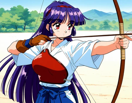 general,highres, ultra-detailed,very aesthetic,best quality ,best hands, BREAK <lora:Shiraishi_Yumiko_IS:1>ShiraishiYumiko, long hair, red eyes, red hairband, purple hair, large breasts, blunt bangs,
1girl, bow (weapon), weapon, holding bow (weapon), solo, gloves, 1990s (style), holding weapon, retro artstyle, holding, arrow (projectile), japanese clothes, kyuudou, archery, drawing bow, holding arrow, yugake, hakama, muneate, hakama skirt, partially fingerless gloves, single glove, fingerless gloves, skirt, blue hair