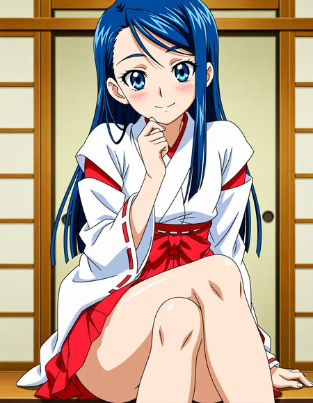 <lora:dmd2_sdxl_4step:1>,1girl,official style,masterpiece,best quality,newest,very aesthetic,highly detailed,high resolution,absurdres,highres,depth of field,super detailed skin,very awa,Anime,anime coloring,anime screencap,<lora:cure_aqua_v1:1>,minazuki karen,thighs,abstract_background,blush,smile,miko,
