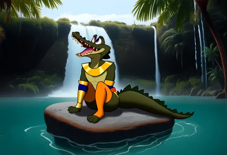 Tick tock crocodile,male animal focus,tail, crocodile open large mouth ,green skin, blue eyes, Tick Tock the crocodile is giant and very huge size,teeth, swimming in water,partially submerged,Tick Tock the crocodile looking at a Patrak from pacman who she is sitting on rock cliff. Reinforcement Tags: forehead mark, egyptian, tail, animal ears, purple eyes, black fur, furry, furry female, body fur, makeup, animal nose, black skin
For her Outfit : toeless legwear, yellow legwear, thighhighs, vambraces, belt, orange belt, multicolored belt, short dress, yellow dress, jewelry, earrings,open mouth,river,palm trees, jungle,temple, waterfall