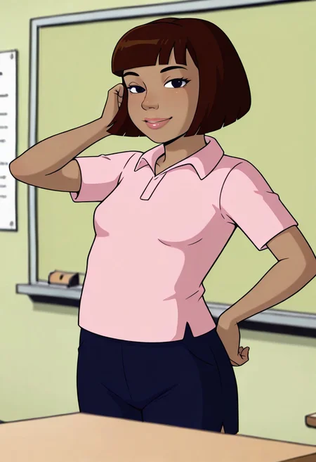 masterpiece, best quality, very aesthetic, highres, absurdres, tina, 1girl, solo, short hair brown hair, bob cut, bangs, dark skin, lips, black eyes, small breasts, pink collared shirt, blue shorts, pink sandals, standing, hand on hip, hand in hair, looking at viewer, smile, indoors, classroom, cowboy shot, upper body, closeup,