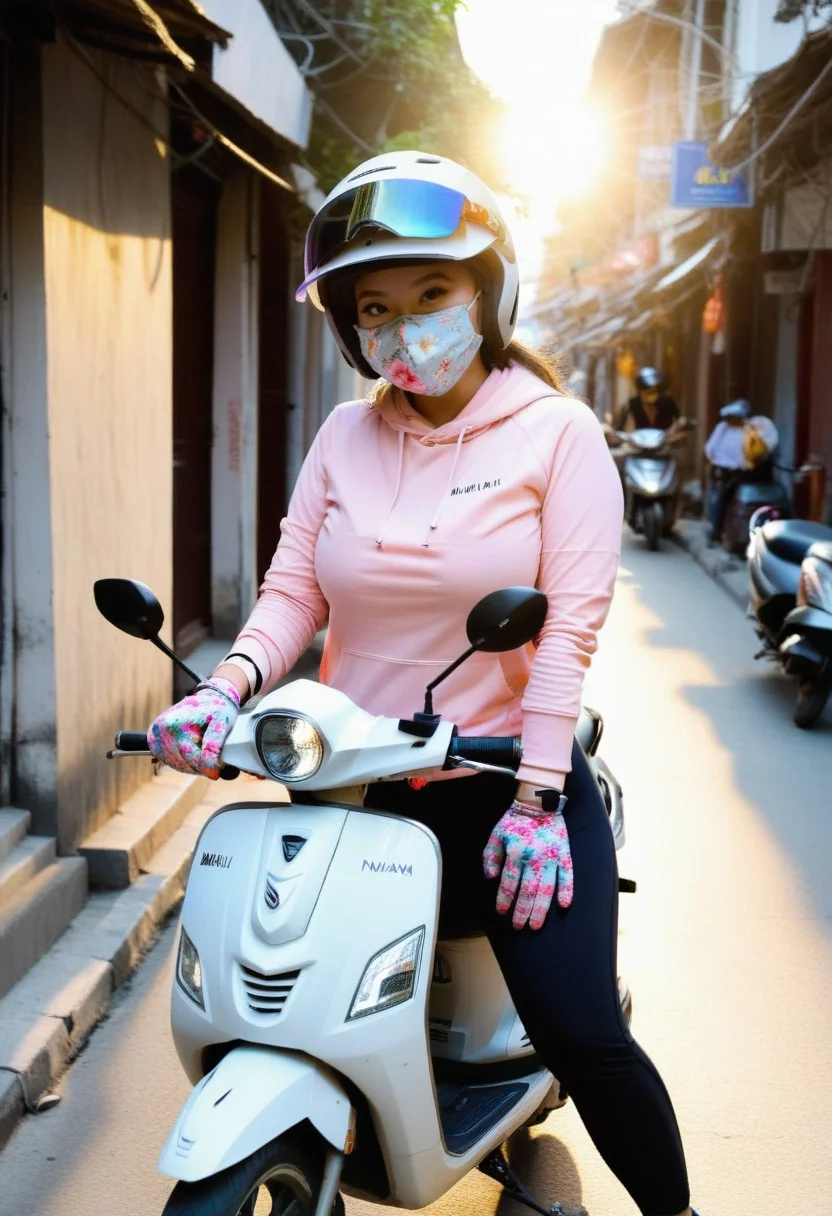 best quality, amazing quality, masterpiece, petite curvy vietnamese woman fully covered, wearing pastel pink UV hoodie, floral face mask, gloves, black leggings, reflective visor helmet, riding a scooter, parked on a narrow alley, body language casual but alert, urban vietnam backdrop, soft golden hour lighting, 8k
,instagram, r/realgirls,