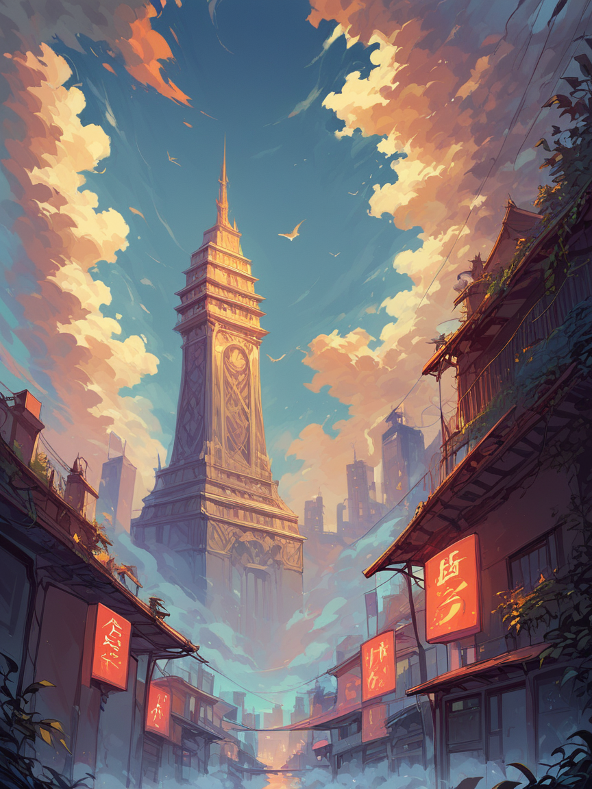 score_9, score_8_up, score_7_up, score_6_up,   <lora:D4rC0mXLP:1> D4rC0m, 1girl, city, clouds, vibrant, pink, orange, blue